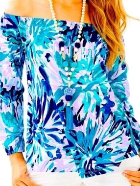 Lilly Pulitzer Sain Top Rayon M Capri Teal Off Tropic Off the Shoulder Tassels